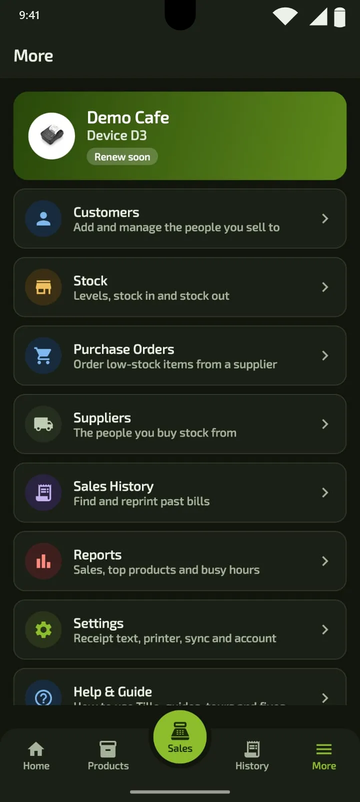 Tillo More screen listing Customers, Stock, Purchase Orders, Suppliers, Sales History, Reports, Settings and Help and Guide